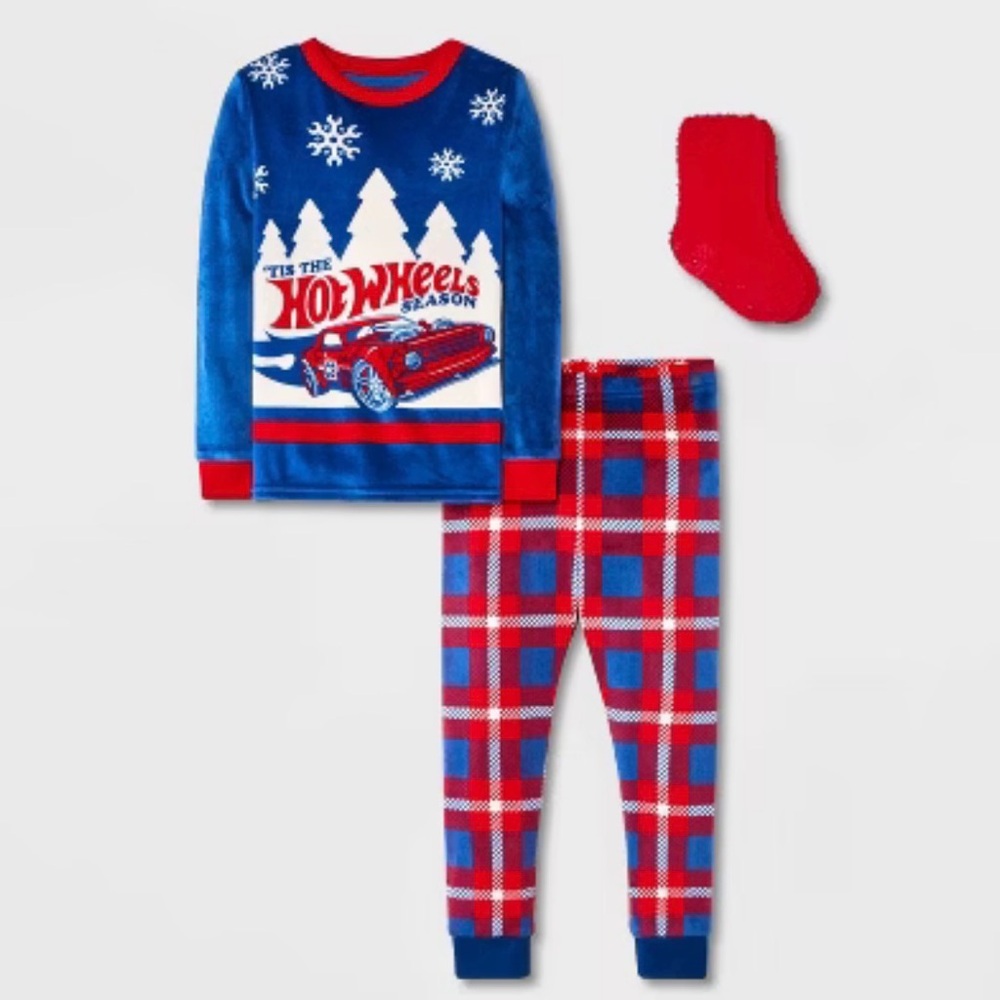 Hot Wheels Toddler 2-piece pajama set and cozy socks.